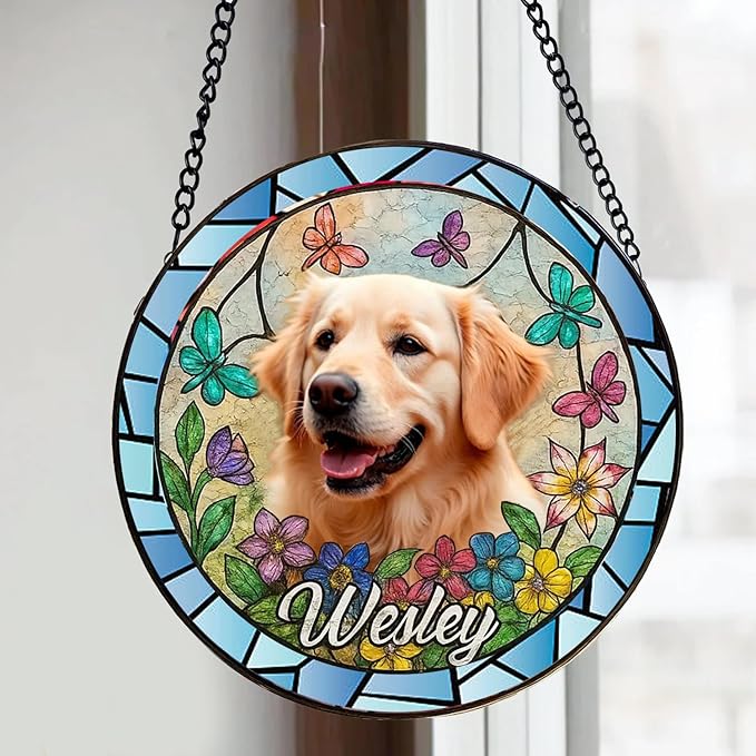Gabita Custom Pet Portrait Stained Glass Window Hanging, Memorial Dog Portrait Art Light Catcher, Dogs Ornament Christmas Tree, Dog Sympathy Gift, Pet Memorial Ornament