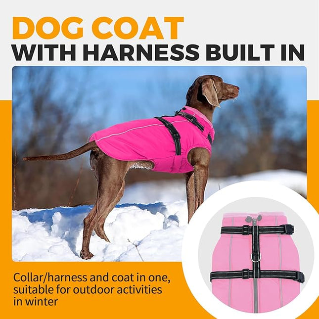 Lelepet Dog Winter Coat Waterproof Dog Jacket with Harness Built in Windproof Reflective Pet Coats for Small Medium Large Dogs, Thermal Fleece Lined Coats for Cold Weather Walking Hiking, Rose Red, L
