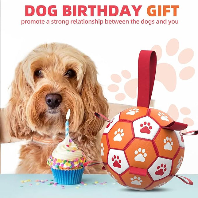 Diman Dog Soccer Balls Toys: Dog Balls with Straps for Indoor Outdoor Play, Pet Toys Balls for Small Medium, Doggie Birthday Gift, Interactive Pet Toy for Tug of War (7 inch)