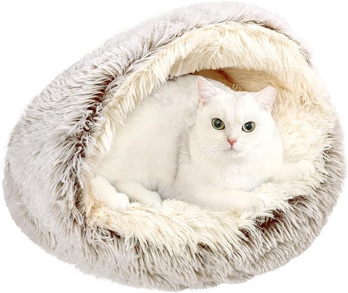 Calming Cat Beds, Fluffy Plush Round Cat Cave Washable, Cozy Warming Anti-Slip Small Dog Bed for Puppy and Kitten, Soft Anti Anxiety Pet Nest (24×24 inch, Coffee)