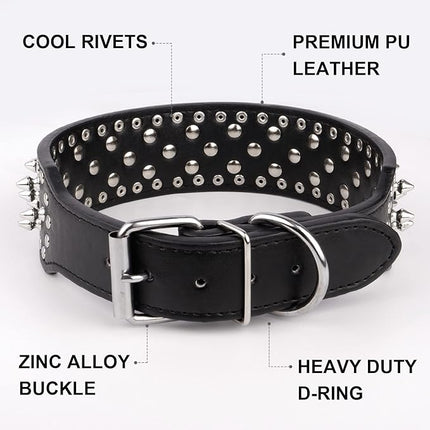 Epesiri Adjustable Wide Spiked Dog Collar, Mushroom Rivet PU Leather Cat Dog Collars, Durable Spike Studded Pet Collar for Small Medium Large Breed, PitBull Mastiff Bulldog Pugs Husky Rottweiler Black