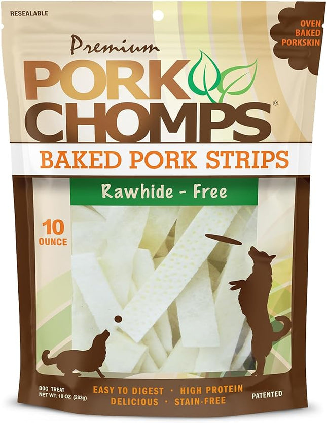 Pork Chomps Baked Pork Skin Dog Chews, 4-inch strips, 10oz Bag