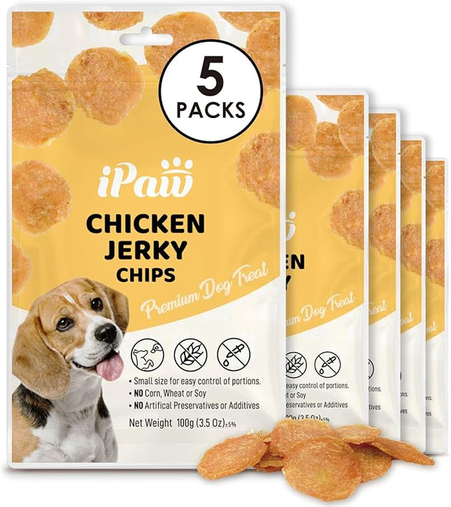 iPaw Chicken Chips Dog Treats for Puppy Training, All Natural Human Grade Dog Treat, Hypoallergenic, Easy to Digest (Chicken Chips), 5 Packs