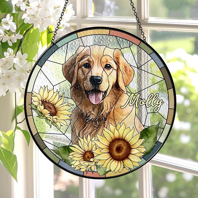 Custom Dog Portrait Stained Glass Window Hanging Light Catcher, Pet Memorial Stained Glass Photo, Dog Memorial Gift Pet Loss Gift