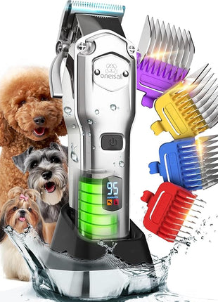 oneisall Dog Clippers for Grooming Thick Hair Professional,Cordless/Rechargeable Pet Grooming Kit with Detachable Metal Combs, Low Noise Heavy-Duty Pet Clippers for Thick/Curly/Fine/Wavy Hair (Sliver)