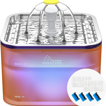 Crystal Cat Water Fountain Stainless Steel with 4 Filters and 4 Sponges, 101oz/3L Pet Fountain with LED Light for Cats and Dogs (Orange)