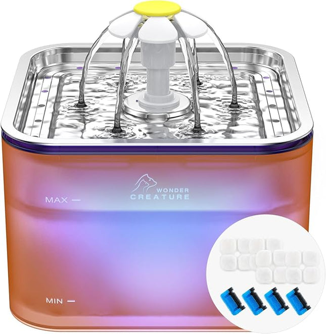 Crystal Cat Water Fountain Stainless Steel with 4 Filters and 4 Sponges, 101oz/3L Pet Fountain with LED Light for Cats and Dogs (Orange)