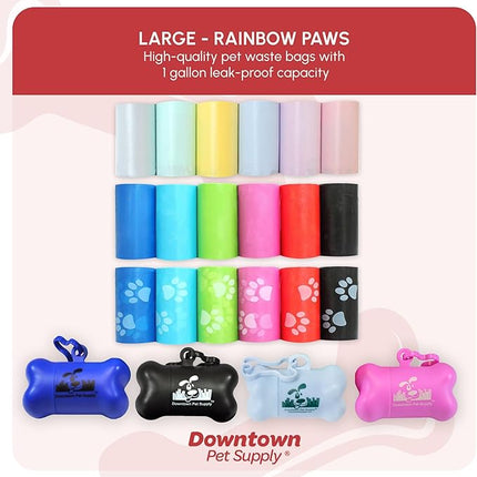 Downtown Pet Supply Rainbow Paw Print Poop Bags (520 CT & 2 Dispensers) - Leak-Proof, Unscented, Clips to Dog Leashes & Harnesses