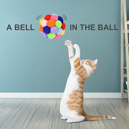 TUSATIY Cat Toy Balls with Bell 3PCS, Colorful Soft Fuzzy Balls Built-in Bell for Cats, Interactive Playing Chewing Toys for Indoor Cats and Kittens