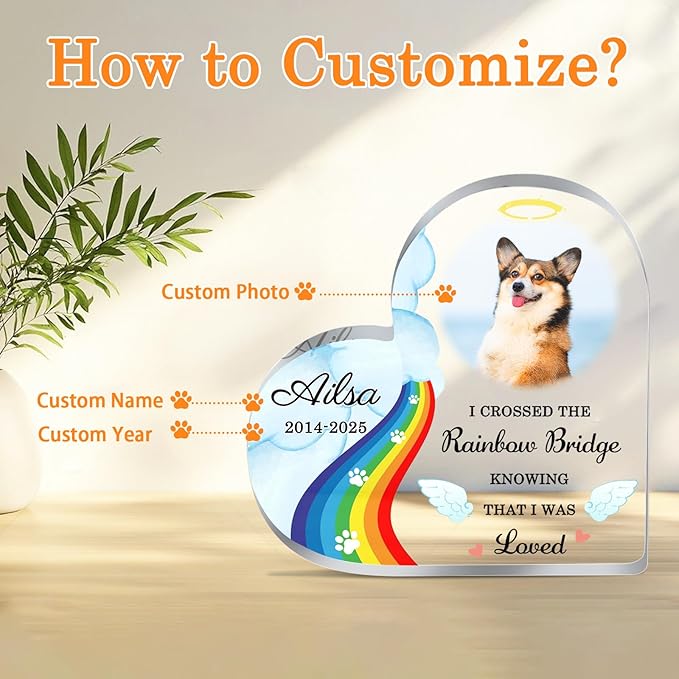 Custom Pet Memorial Plaque Gifts Rainbow Bridge Dog Memorial Gifts Personalized Pet Heart Shape Acrylic Plaque Pets Loss Sympathy Gift Dog Passed Away Gifts Cat Sympathy Bereavement Remembrance Gift