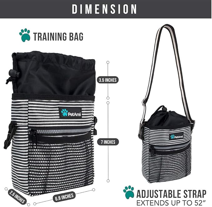 PetAmi Dog Treat Pouch, Pet Treat Pouch for Training, Dog Walking Bag Holder for Kibbles, Pet Food Toy, Dog Trainer Essentials Supplies, Poop Bag Dispenser, 3 Ways to Wear (Black Stripes)