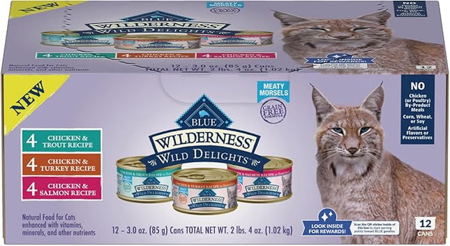 Blue Buffalo Wilderness Wild Delights High Protein Grain Free, Natural Adult Meaty Morsels Wet Cat Food, Chicken & Turkey, Chicken & Trout, Chicken & Salmon 3-oz cans (12 Count - 4 of Each Flavor)
