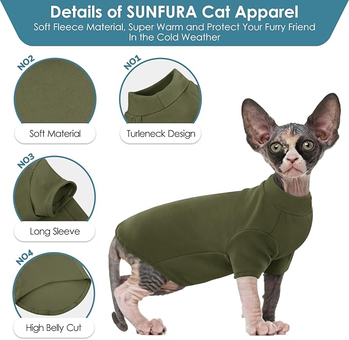 SUNFURA Turtleneck Sweater for Cat, Sphynx Cats Shirt Hairless Cat Sweaters with Sleeves, Warm and Soft Kitten Pullover Fleece Winter Pajamas Jumpsuit for Puppy Cats, ArmyGreen L