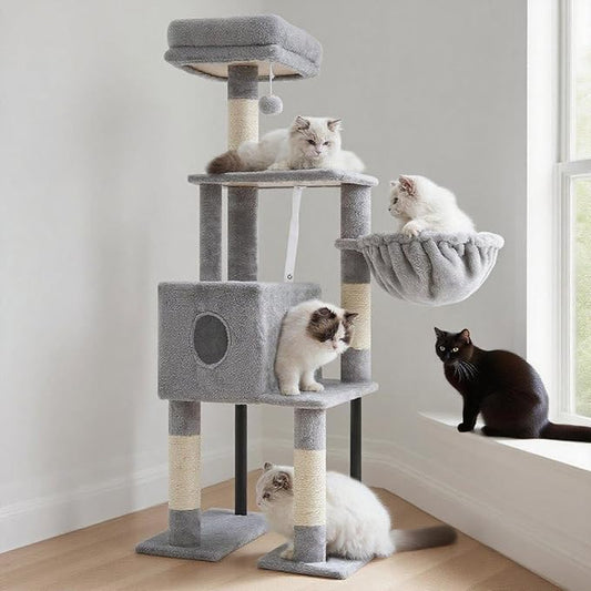 Heybly Cat Tree, 49.2 Inches Cat Tower for Indoor Cats, Spacious Cat House Condo with Hidden Space，Sturdy Steel Tube，Soft Plush Top Perch，Cozy Hammock and Sisal Scratching Posts, Light Gray HCT200SW