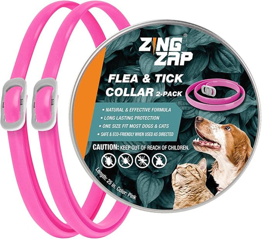 ZingZap Flea & Tick Collar 2-Pack Pink, Protects from Biting Insects, Adjustable Fits Both Dogs & Cats, Built-in Plant Based Formula, Slow-Release Lasting Protection, Waterproof