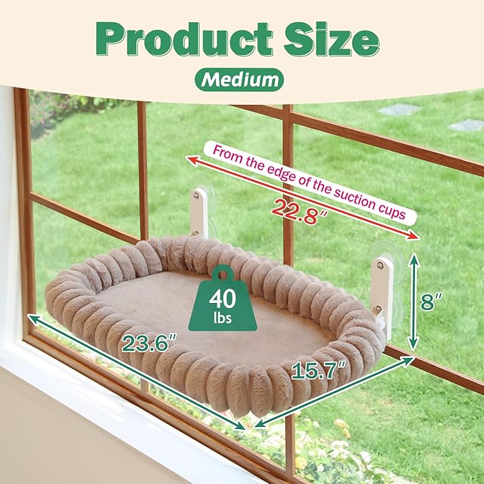 Zakkart SnugCloud Foldable Cat Window Perch - Cordless, Ultra Soft Machine Washable Bed with 4-Sided Bolster, Metal Frame - Window Hammock for Large Cats and Kittens (Brown, Medium)