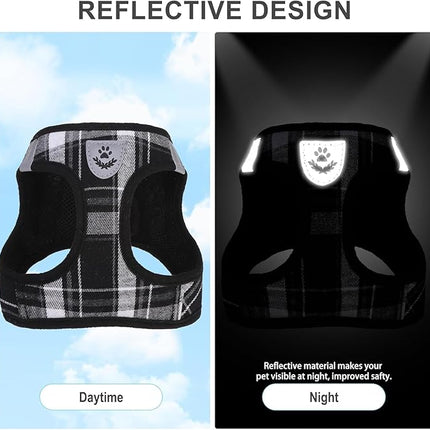 EXPAWLORER Classic Plaid Puppy Harness - Dog Collar and Leash - Soft Mesh Padded Adjustable Step in Small Dog Vest Harness No Pull, Reflective Escape Proof for Outdoor Walking, Black XXS