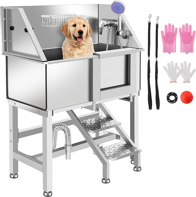 Professional Stainless Steel Dog Grooming Tub W/Soap Box, Faucet,Rich Accessory, Bathtub For Multiple Pets, Washing Sink For Home
