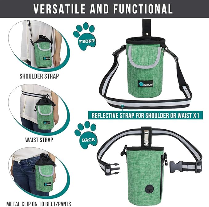 PetAmi Dog Treat Pouch, Large Pet Training Treat Pouch with Pocket, Dog Trainer Essentials Supply Holder with Poop Bag Dispenser, Training Bag for Kibbles Toys, 3 Ways to Wear (Green)