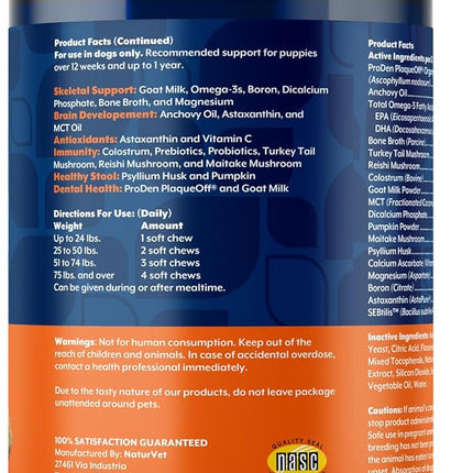 NaturVet All-In-One Puppy Daily Care, 6-In-1 Support Dog Soft Chews to Help Bones, Joints, Digestion, Teeth, Cognition, and More, Hickory Smoked Bacon Flavored Pet Supplement for Puppies, 60 Count Jar