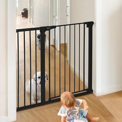 COMOMY 36" Extra Tall Baby Gate for Stairs Doorways, Fits Openings 29.5" to 43.3" Wide, Auto Close Sturdy Safety Dog Gate for House, Pressure Mounted Easy Walk Through Pet Gate with Door, Black