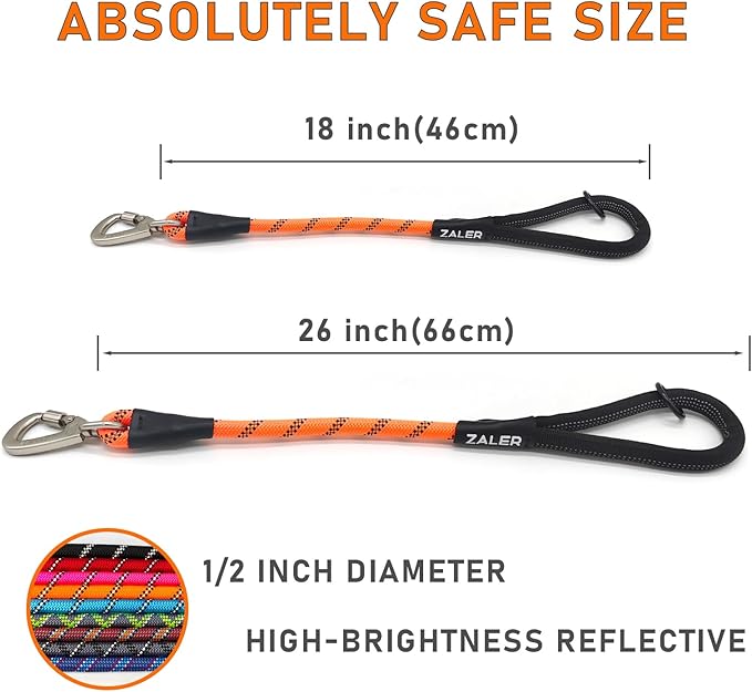 ZALER Short Dog Leash, 26 Inches Rope Traffic Leashes for Dogs, Reflective Dog Lead with O-Ring, Heavy Duty Pet Leash for Large and Medium Dogs (26'' Orange)