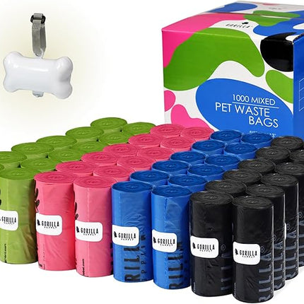 GORILLA SUPPLY 1000 multicolor poop bags for dogs with Dispenser and Leash Tie, 9" x 13", Mixed