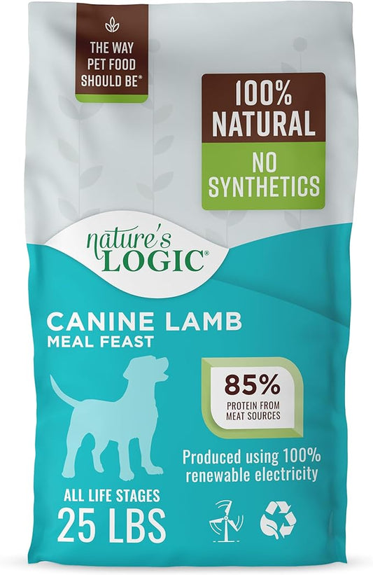 NATURE'S LOGIC Dry Dog Food - 100% Natural - No Synthetics - for All Ages, Sizes, Breeds - Free from Common Allergens, High Protein - Lamb Meal Feast, 25lbs
