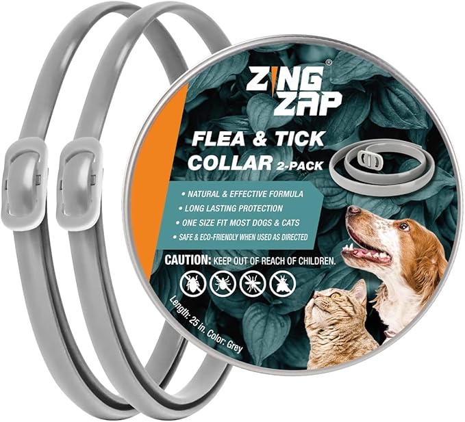 ZingZap Flea & Tick Collar 2-Pack Gray, Protects from Biting Insects, Adjustable Fits Both Dogs & Cats, Built-in Plant Based Formula, Slow Release Lasting Protection, Waterproof