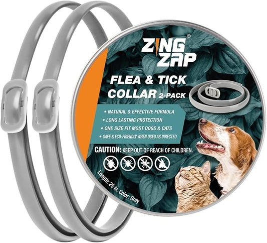 ZingZap Flea & Tick Collar 2-Pack Gray, Protects from Biting Insects, Adjustable Fits Both Dogs & Cats, Built-in Plant Based Formula, Slow Release Lasting Protection, Waterproof