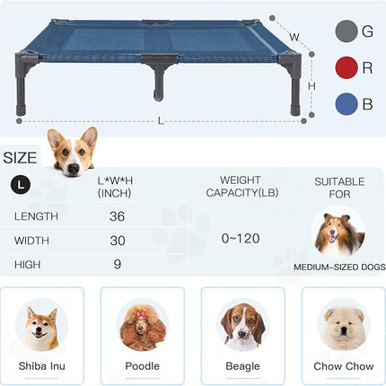 suddus Elevated Dog Bed for Medium Dogs, Dual Support Cooling Cot with Teslin Mesh, Portable Waterproof Pet Bed for Indoor/Outdoor Use, Large, 36x30x7 Inch, Blue