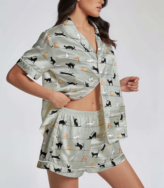 Women’s Silk Satin Pajama Set, Short Sleeve Button Down 2 Piece PJs with Shorts, Cozy Loungewear & Matching Holiday Pajamas