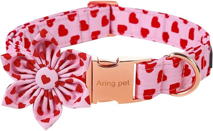 ARING PET Valentine's Dog Collar-Adorable Pink Heart Dog Collar with Flower, Adjustable Cotton Girl Dog Collars with Metal Buckle