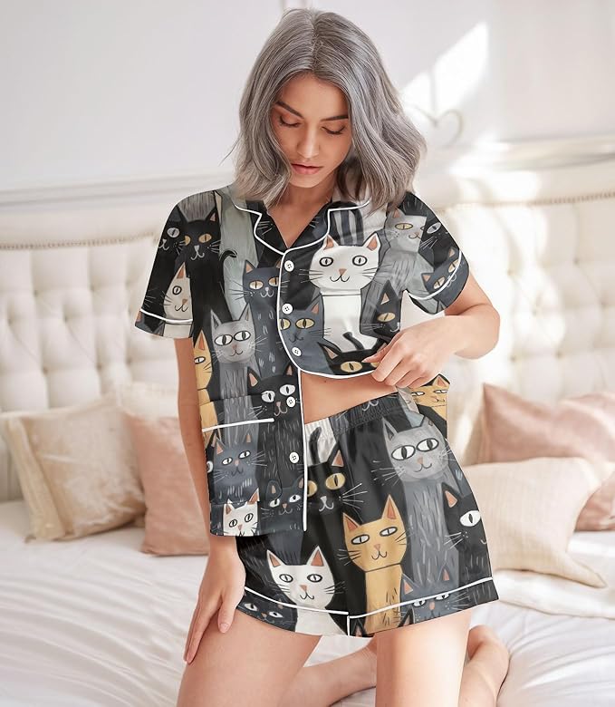 Women’s Silk Satin Pajama Set, Short Sleeve Button Down 2 Piece PJs with Shorts, Cozy Loungewear & Matching Holiday Pajamas