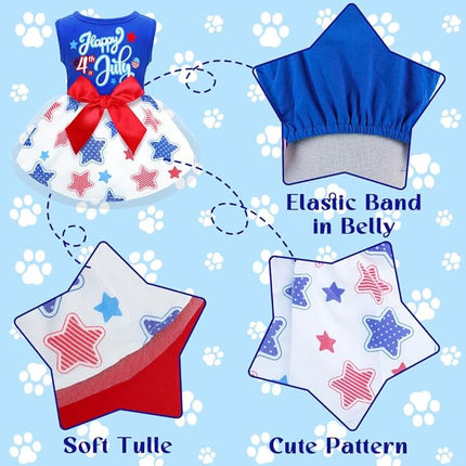 Happy 4th of July Dog Outfit Patriotic Dog Tulle Dress with Red Bowknot Independent Day Dogs Pet Doggie Apparel Clothes for Small Dogs Puppy Cats Girl