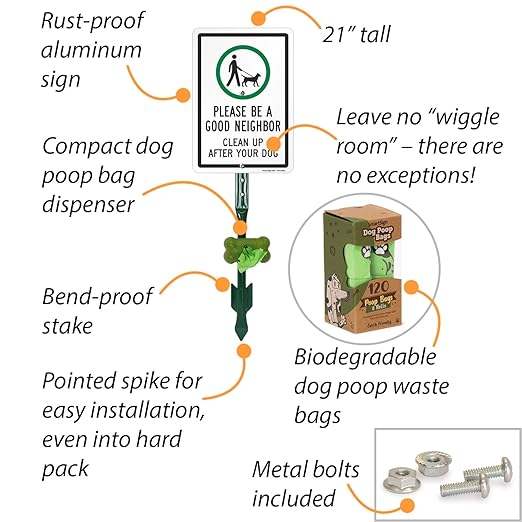 SmartSign Be A Good Neighbor Clean Up After Your Dog Yard Sign & Clip-On Preloaded Dispenser Combo/Kit with 135 Dog Poop Waste Bags, 7"x10" Rust-proof Aluminum Sign with 18-inch Steel Stake