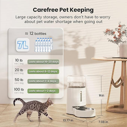 CZPET Dog Water Bowl Dispenser, 7L Automatic Dog and Cat Water Dispenser with Stainless Steel Bowl, Gravity Waterer, Large Capacity, and Quiet Drinking Area for Pets (7L,White)