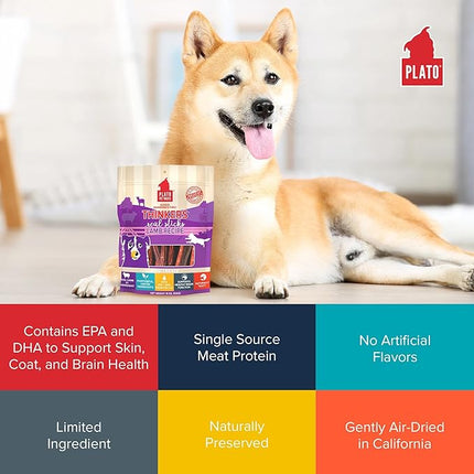 Plato Pet Treats Thinkers - Meat Sticks for Dogs - Limited Ingredient Treats with EPA and DHA to Support Skin, Coat, and Brain - Air-Dried - Lamb 10oz