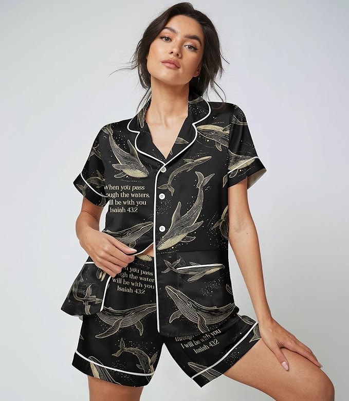 Women’s Silk Satin Pajama Set, Short Sleeve Button Down 2 Piece PJs with Shorts, Cozy Loungewear & Matching Holiday Pajamas