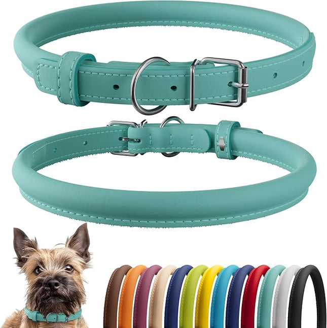 CollarDirect Rolled Leather Dog Collar, Soft Padded Round Puppy Collar, Handmade Genuine Leather Collar Dog Small Large Cat Collars 13 Colors (6 Inch, Mint Green Smooth)