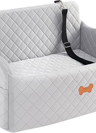 Car Seat for Large Size Dog, Booster Seat for Dogs Under 55 lbs or 2 Small Dogs, Soft Car Dog Bed Filling in Thick Memory Foam with 2 Safety Leashes and Storage Pocket (Grey)