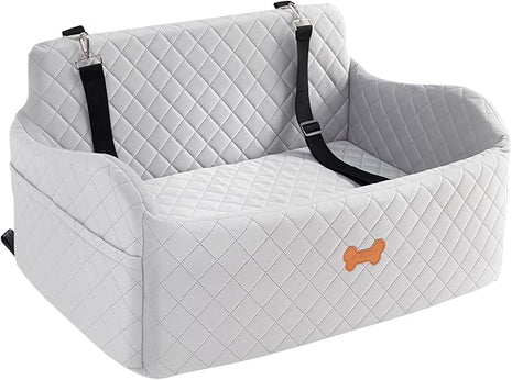 Car Seat for Large Size Dog, Booster Seat for Dogs Under 55 lbs or 2 Small Dogs, Soft Car Dog Bed Filling in Thick Memory Foam with 2 Safety Leashes and Storage Pocket (Grey)