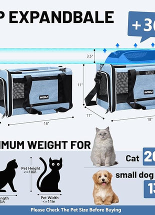 Cat Carrier Top-Expandable 18x11x11, United Delta American Airline Approved Dog Carrier, Soft Pet Carry-On Bag Underseat in Cabin, Puppy Air Travel Crate Kitten TSA Plane Carrying Case Blue