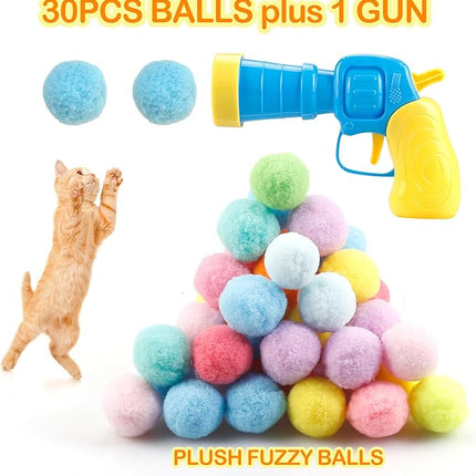 31Pcs Cat Ball Toy Launcher Gun,Cat Balls Fetch Toy,30Pcs Plush Fuzzy Balls Launcher Cat Toy for Cats with 1 Gun,Funny Interactive Cat Toys for Bored Indoor Adult Cats,Cute Kitten Kitty Toys