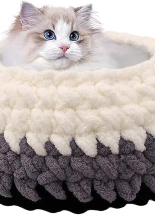 Ombre Gradient Round Cat Bed for Indoor Cats, Chunky Knit Washable & Plush Pet Bed, Cozy Nest with Non-Slip Bottom for Small Medium Cats