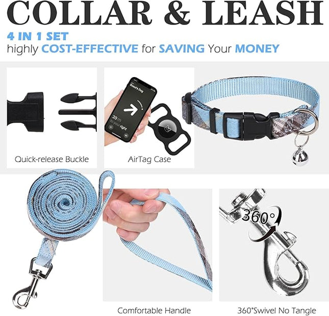 EXPAWLORER Classic Plaid Puppy Harness - Small Dog Harness and Leash Set - Dog Collar and Leash Set with AirTag Holder, Soft Padded Step in Dog Vest Harness No Pull Reflective for Outdoor, Blue XXS