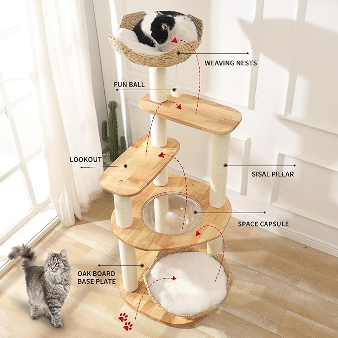 Large Cat Tree for Multiple Cats - Natural Wood Cat Tower with Extra Thick Scratching Posts, Modern Cat House & Condo | Unique Flower Perch Design, Sturdy Cat Furniture Supplies (61+in)