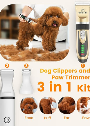 oneisall Dog Clippers and Paw Trimmer Kit 2 in 1 Low Noise Cordless Dog Clippers for Grooming Pet Hair Trimmers for Small and Large Dogs Cats Animals
