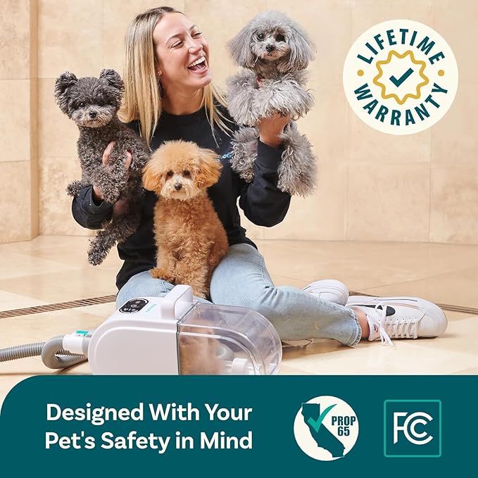 Dog Grooming Kit – Pet Clippers, Nail Grinder & Blow Dryer with Quiet 3-Speed Suction, 3 Heat Settings, 2.6L Dog Hair Vacuum Dust Bin, HEPA System, Self-Cleaning Brushes