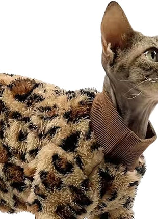Cat Leopard Double-Sided Fleece Pullover, Soft Warm Clothes for Hairless Sphynx, Devon & All Indoor Kittens in Winter (Leopard,L)